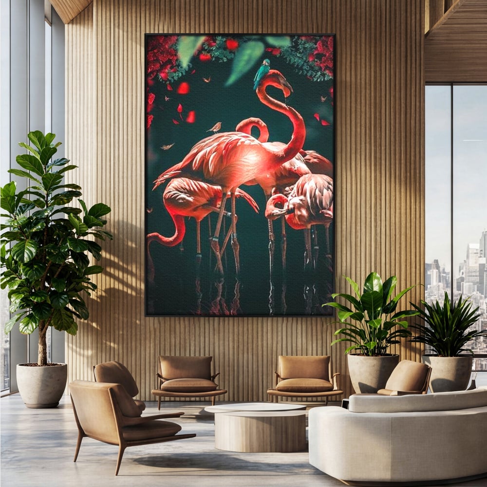 Tablou canvas cu tablou canvas cu flamingo roz, in rama de aluminiu negru, pe perete intr-un birou